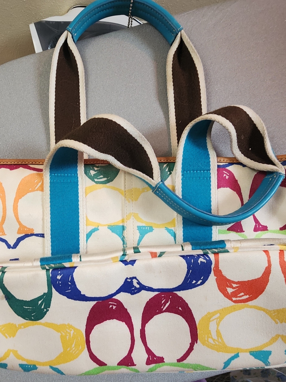 Coach Multicolor Canvas Tote with Turquoise Trim - Picture 2 of 11